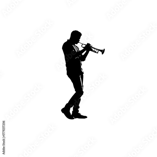 Trumpet Player Silhouette - Solid Black Cutout on White - Clean 2D Vector