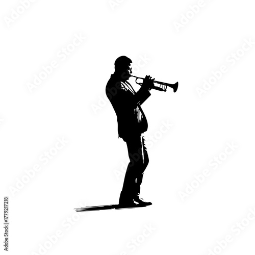 Trumpet Player Silhouette - Solid Black Cutout on White - Clean 2D Vector