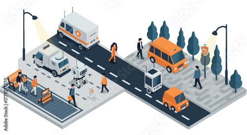 Modern city street with futuristic vehicles and pedestrians in isometric urban scene