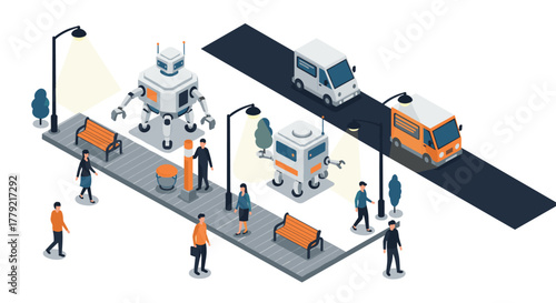 Futuristic urban scene with robots and autonomous vehicles in isometric design