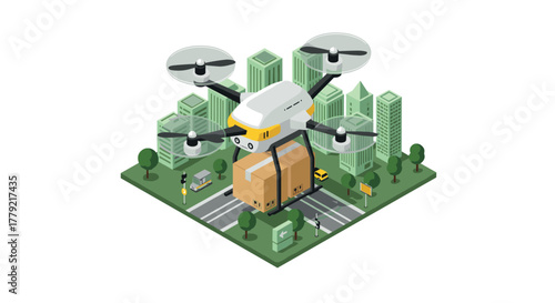 Futuristic drone delivery in an urban isometric cityscape with skyscrapers