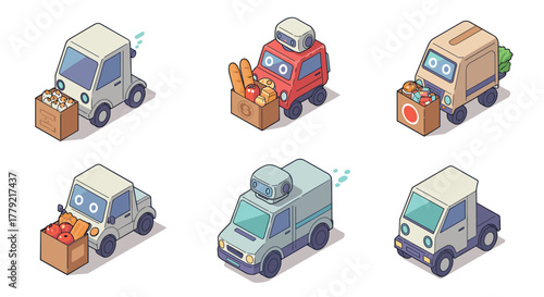 Cute isometric city delivery trucks with fruits and vegetables in cartoon style