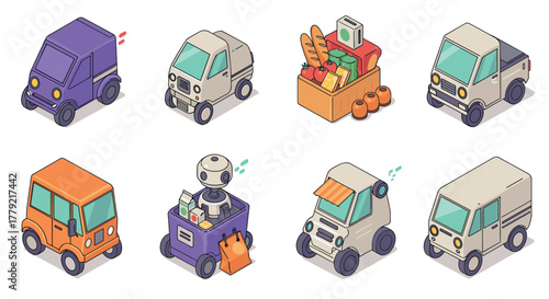 Isometric delivery robots and vehicles with grocery boxes in modern urban setting