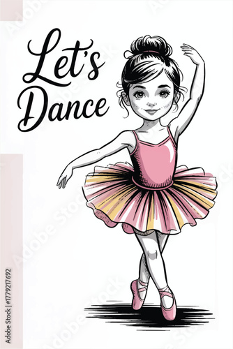 A black and white minimalist illustration of a graceful young ballerina in a pink tutu with yellow undertones, elegant cursive text, and soft brushstroke shadow on a clean white background.