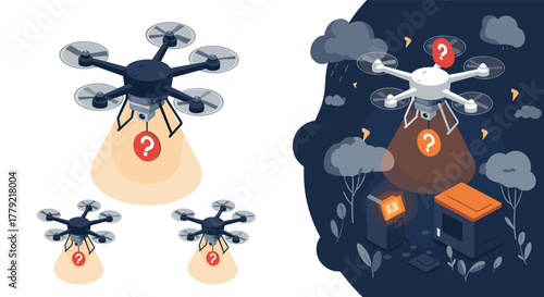 Isometric drones illuminating mystery puzzles at night