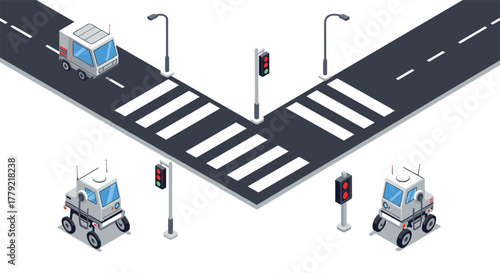 Futuristic urban intersection with autonomous delivery robots in isometric style