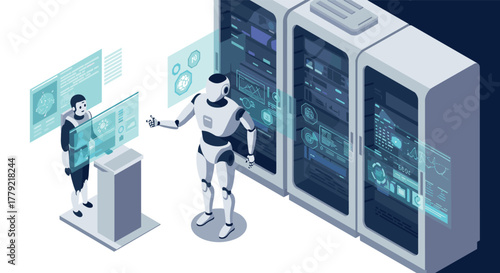 Futuristic interaction with ai robot and data analysis in a modern server room