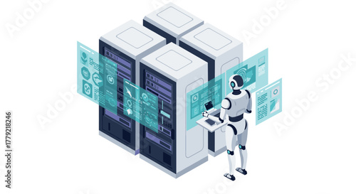 Futuristic robot interacting with digital data panels in a modern server room