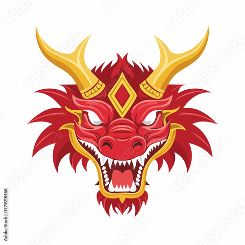 Fierce Red Chinese Dragon Head Illustration.