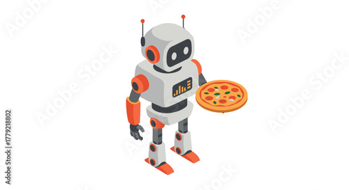 Isometric robot delivering pizza with futuristic design