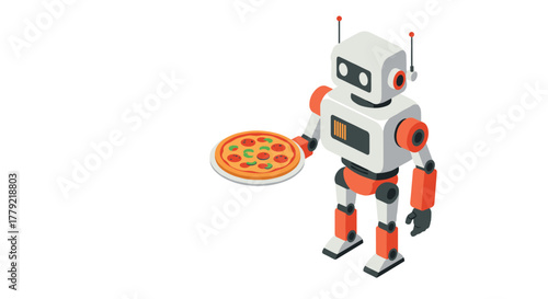 Robot serving pizza in isometric style with futuristic design and friendly expression