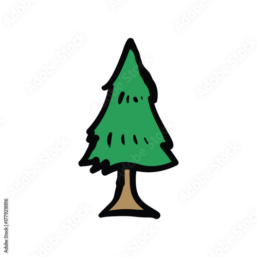 Cartoon evergreen tree with a brown trunk isolated on a white background