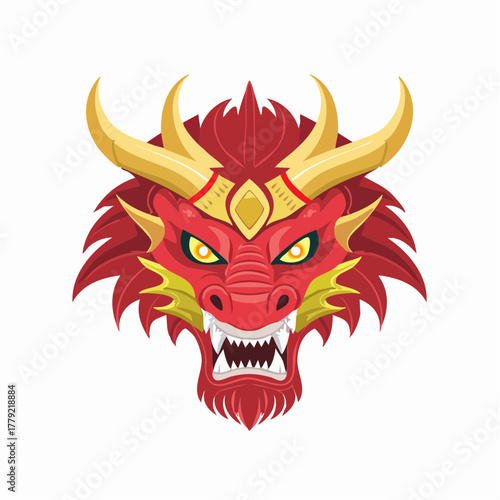 Fierce Red Chinese Dragon Head with Golden Horns.