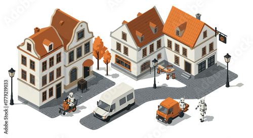 Charming isometric village scene with vintage houses and retro vehicles