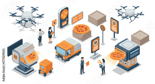 Isometric food delivery concept with drones, vending machines, and trucks