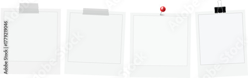 Realistic empty photo card frame, film set. Retro vintage photograph with transparent adhesive tape and paper clip. Digital snapshot image. Template or mockup for design. Vector illustration.