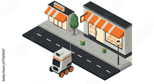 Autonomous delivery robot on urban city street in isometric style