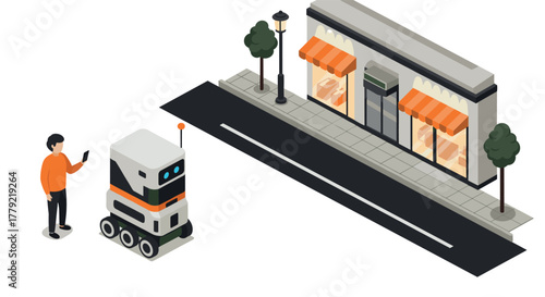 Futuristic urban scene with delivery robot and pedestrian on smart street