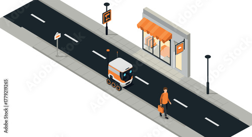 Autonomous delivery robot on city sidewalk in isometric style near modern storefront