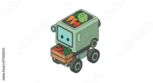 Cute robot delivery fresh vegetables in a boxy green robot design