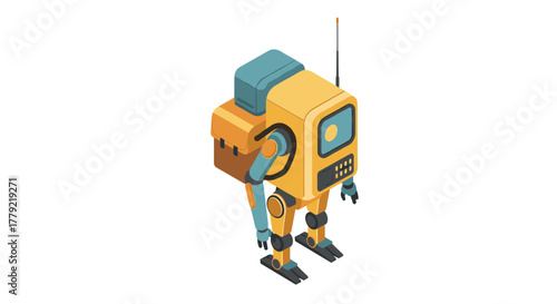 Isometric robot design with retro futuristic elements and bright colors