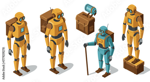 Futuristic isometric robots with backpack accessories for space exploration themes