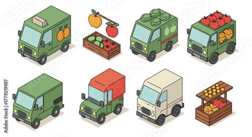 Food delivery trucks and market stalls in isometric style featuring fresh produce