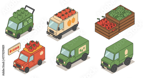 Colorful isometric delivery trucks and produce crate with fresh fruits and vegetables