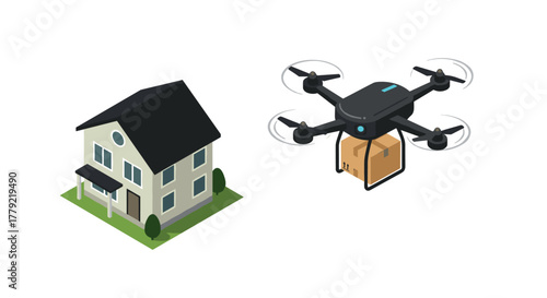 Isometric drone delivery to modern home with package