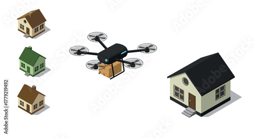 Drone delivery to different sized houses in isometric style for modern logistics concept