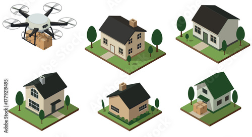 Isometric drone delivery to modern homes with stylish architecture and green landscapes