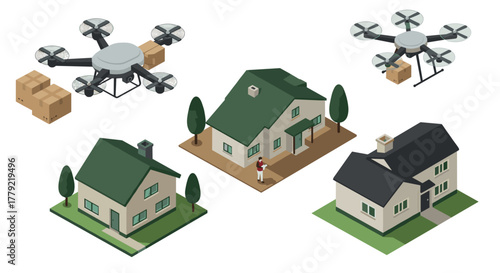 Isometric drone delivery with suburban houses and parcel transport