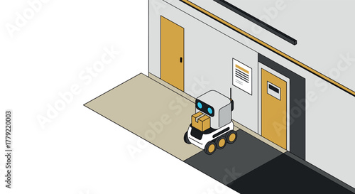 Autonomous delivery robot at warehouse entrance in isometric style