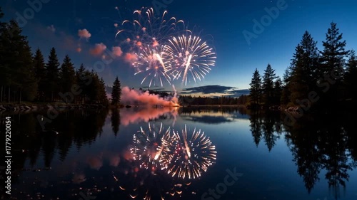 Fireworks Reflected on Lake Water – Peaceful New Year  Scenery