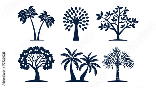 Diverse Tree Silhouette Collection: A visually captivating array of stylized tree silhouettes, each embodying distinct shapes and forms.