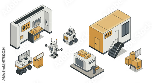 Futuristic warehouse automation with robots and drones in isometric style