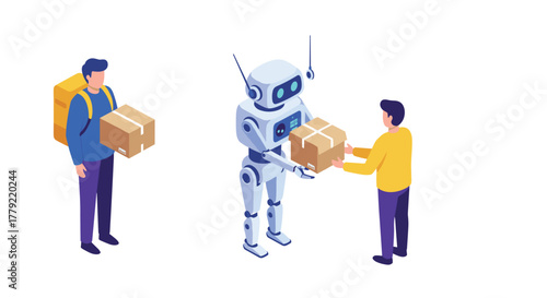 Robot assisting human with package delivery in isometric style