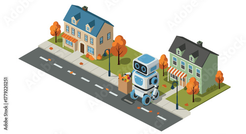 Autonomous delivery robot on suburban street in fall setting