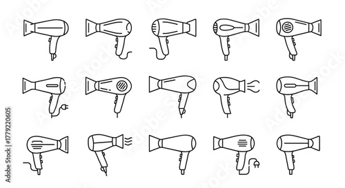 Collection of minimalistic linear pictograms representing various hair dryers, perfect for web and graphic design, apps, banners, social networks, and cards. This vector cartoon illustration features