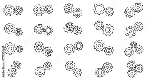 Collection of outline gear and cogwheel illustrations, representing mechanisms and industry. These editable stroke vector graphics are perfect for infographics, articles, books, flyers, and banners