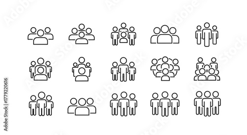 Collection of diverse outline icons representing groups of people in various formations, ideal for graphic design, web development, app interfaces, advertisements, and informational materials