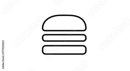 Minimalist linear outline hamburger icon, symbolizing fast food and quick meals. This clean, ordered line art symbol, presented on a stark white background, is perfect for menus, apps, and branding