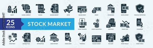 Stock market icon set. Containing profit,global currency,invoice,business report,money,online bank and more. Outline vector icons collection