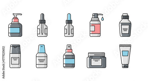 Set of isolated cosmetic bottles and jars with droppers, sprayers, and pumps, presented in a clean, modern vector cartoon illustration style, perfect for graphic design, app icons, and concept art