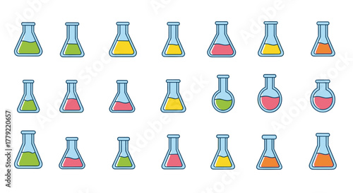 Collection of minimalistic linear pictograms representing lab flasks filled with colorful liquids in shades of green, yellow, pink, and orange, set against a black background, ideal for science and