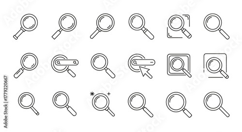 Magnifying glass thin line icon set, outline signs for graphic and web design, apps, adverts, various cards, vector cartoon illustration with a white background. A collection of search symbols and