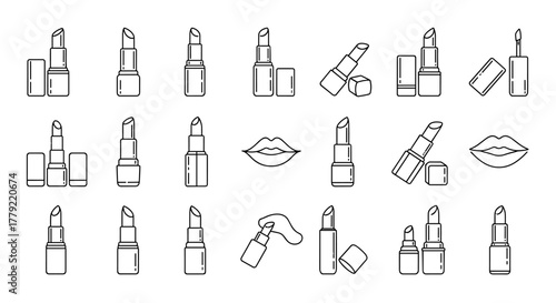 Collection of minimalist outline lipstick icons and lip illustrations, presented in a clean, linear style, perfect for graphic design, web applications, advertisements, and various card designs