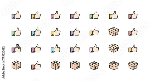 A collection of minimalistic, flat design icons featuring thumbs-up gestures in various pastel colors and shipping boxes, presented on a clean black background, perfect for graphic design, app