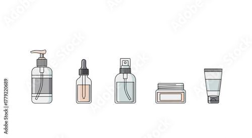 Minimalistic vector cartoon illustration of a set of cosmetic bottles and containers, including a pump dispenser, dropper bottle, spray bottle, jar, and tube, presented on a clean white background