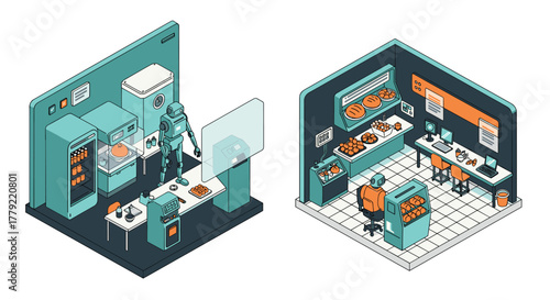 Isometric robot bakery automated bread and pastry production room